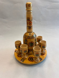 Wooden decorative Pitcher on stand with matching cups ( three different patterns)